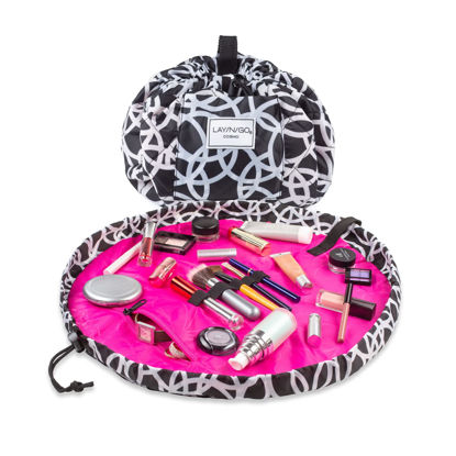 Picture of Lay-n-Go Cosmo Drawstring Cosmetic & Makeup Bag Organizer, Toiletry Bag for Travel, Gifts, and Daily Use, 20 inch, Rings (Black/White)