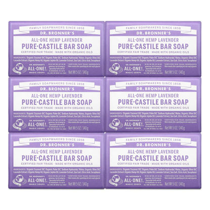 Picture of Dr. Bronner’s - Pure-Castile Bar Soap (Lavender, 5 ounce, 6-Pack) - Made with Organic Oils, For Face, Body and Hair, Gentle and Moisturizing, Biodegradable, Vegan, Cruelty-free, Non-GMO