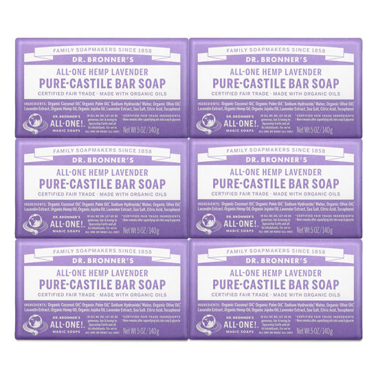 Picture of Dr. Bronner’s - Pure-Castile Bar Soap (Lavender, 5 ounce, 6-Pack) - Made with Organic Oils, For Face, Body and Hair, Gentle and Moisturizing, Biodegradable, Vegan, Cruelty-free, Non-GMO