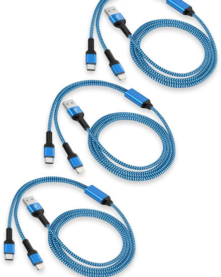 Picture of 3Pack-4FT Apple & Android USB to Lightning & USB-C 2-in-1 Fast Charger Cable for iPhone 14 Pro Max Plus 13 12 11, Samsung Galaxy A24 A14 A13 A23, Google Pixel 7 Pro 7a 6, Multi USBC Lighting USB Cord