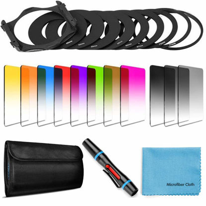 Picture of 14 PCS Square Filter Kit Graduated ND Filters Color Lens Filter Set for Cokin P Series with Adapter Rings(49-82mm) Filter Holder Lens Cleaning Pen and Other Accessories for DSLR Cameras