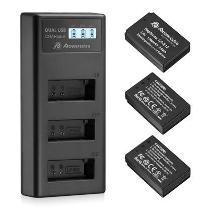 Picture of Powerextra 3 Pack LP-E12 Battery and USB Charger Smart LCD Display Compatible with Canon LP-E12 Battery and Canon PowerShot SX70 HS Rebel SL1 M M2 M10 M50 M100 Rebel SL1 Digital Cameras