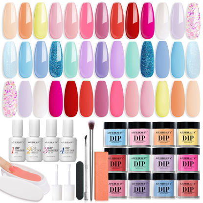 Picture of AZUREBEAUTY 31Pcs Dip Powder Nail Kit Starter, 20 Colors Pastel Summer Pink Acrylic Dipping Powder Set with Top/Base Coat Activator & Recycling Tray for Macaron French Manicure Salon
