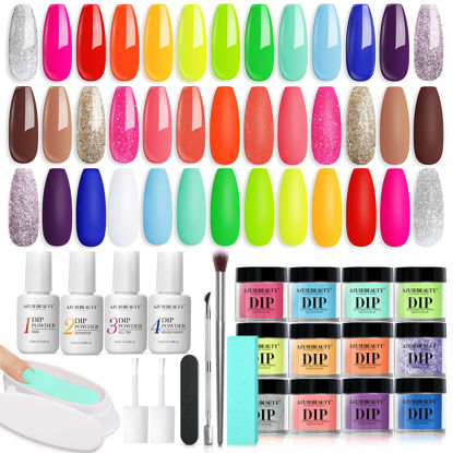 Picture of AZUREBEAUTY 31 Pcs Dip Powder Nail Kit Starter, Spring Summer 20 Colors Neon Hot Pink Magenta Lemon Green Dipping Powder Liquid Set with Base Activator and Top Coat French Nail Manicure Gift for Women