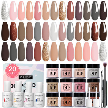 Picture of 29 Pcs Dip Powder Nail Kit Starter, AZUREBEAUTY 20 Colors Classic Nude Collection Glitter Pink Neutral Chocolate Brown Skin Tone Dipping Powder Liquid Set with Top/Base Coat French Nail Art DIY Gift