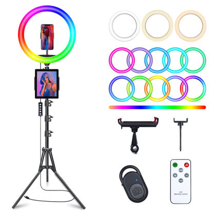 Picture of 10" Selfie Ring Light with 63" Tripod Stand & 1 Phone Holder, LED Camera Ringlight with 48 RGB Colors Modes & Musical Rhythm Mode and 12 Brightness Dimmable for TikTok/Makeup/Photography/Vlog