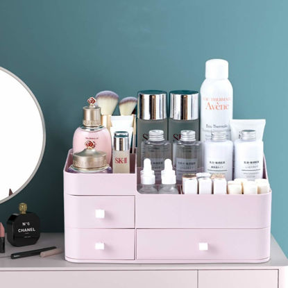 Picture of MIUOPUR Makeup Organizer for Vanity, Large Capacity Desk Organizer with Drawers for Cosmetics, Lipsticks, Jewelry, Nail Care, Skincare, Ideal for Bedroom and Bathroom Countertops - Large Pink
