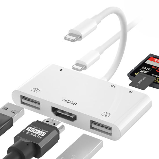 Picture of PNBLAECE HDMI Adapter for iPhone to TV, Lightning Digital AV Adapter, 6 in 1 USB Camera OTG Adapter, TF & SD Card Reader with Charging Port Support TV/Monitor/Projector/USB Drive/MIDI Keyboard/Mouse