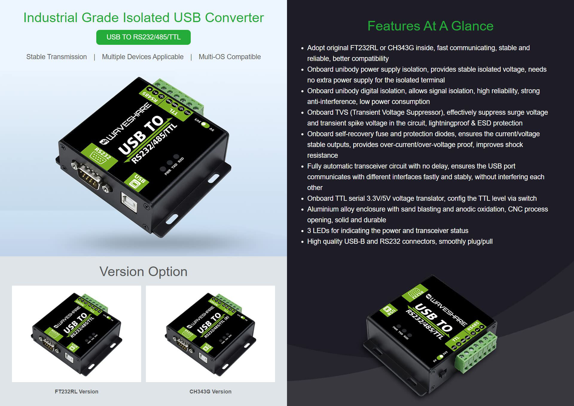 GetUSCart- Waveshare USB to RS232 / RS485 / TTL Industrial Isolated ...