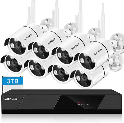 Picture of [3TB WiFi Kit] SANSCO Wireless CCTV Security Camera System with 3TB HDD & Audio Rec., 8 Channel NVR, (8) 3MP HD Outdoor IP Bullet Camera (Night Vision, Rapid USB Backup, App/Email Alert, Waterproof)