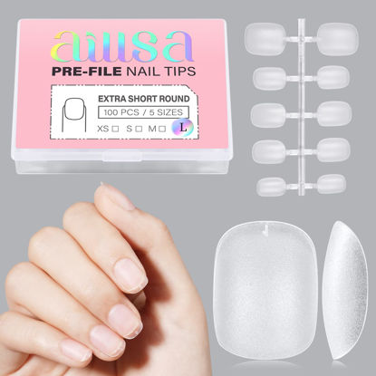 Picture of AILLSA Extra Short Round Nail Tips 5-Sized L Soft Gel Full Cover Nail Tips No More Waste, Full Matte Pre-filed Acrylic Clear False Gelly Nails Tips for DIY Press On Nail Extensions 100Pcs with Gift Box
