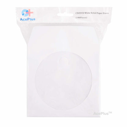 Picture of 1,000 AcePlus CD/DVD White Paper Sleeves with Clear Window and Flap, Sturdy 100 gram Weight; 1 Box = 10 packs x 100-pk Retail Packaging