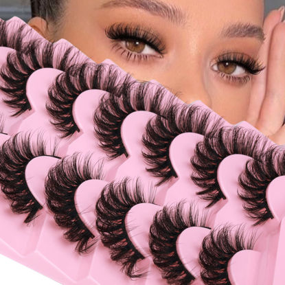 Picture of JIMIRE Mink Lashes Fluffy Cat Eye Lashes Wispy 6D Volume False Eyelashes that Look Like Extensions Thick Soft Curly Fake Lashes 7 Pairs Pack