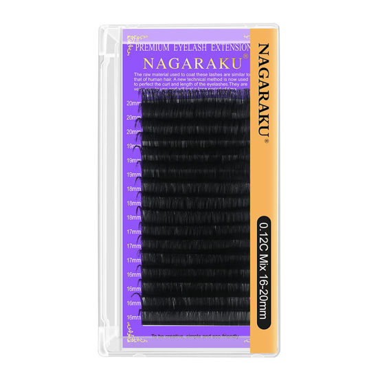 Picture of NAGARAKU Eyelash Extensions 0.12mm C curl 16-20mm Mix Tray Individual Lashes Classic Matte Black 16 Rows Professional Beauty Salon Supplies