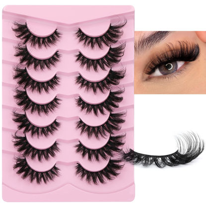 Picture of JIMIRE Faux Mink Lashes Fluffy Cat Eye Natural Look False Eyelashes Volume Wispy Fox Eye Crossed 17MM Thick Fake Lashes Look Like Eyelash Extensions Pestañas 7 Pairs Pack