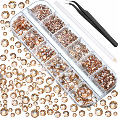 Picture of 2000 Pieces Flat Back Gems Rhinestones 6 Sizes (1.5-6 Mm) Round Crystal Rhinestones with Pick up Tweezer and Rhinestones Picking Pen for Crafts Nail Clothes Shoes Bags DIY Art (Champagne)