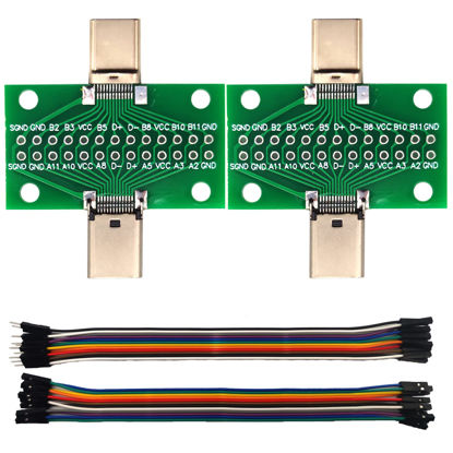 Picture of minidodoca 2 Pcs USB 3.1 Type-C Male to Female Test Board with PCB Board 24 Pins 2.54 mm Double-Sided Socket with Dupont Wire for Date Line Wire Cable Transfer （No Pin Header）
