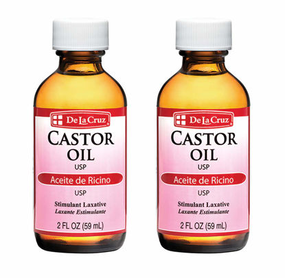 Picture of De La Cruz Castor Oil - 100% Pure Expeller Pressed Castor Oil for Nourishing Skin, Hair, Eyelashes, and Eyebrows - Natural Laxative USP Grade, 2 FL Oz (2 Bottles)