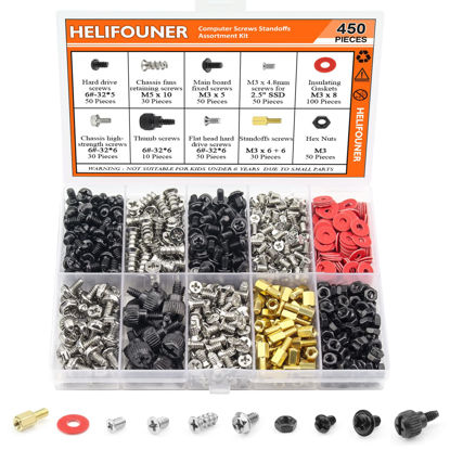 Picture of HELIFOUNER 450 Pieces Computer Standoffs Screws Assorted Kit for 2.5" SSD, Hard Drive, Computer Case, Motherboard, Fan Power Graphics with Screwdriver