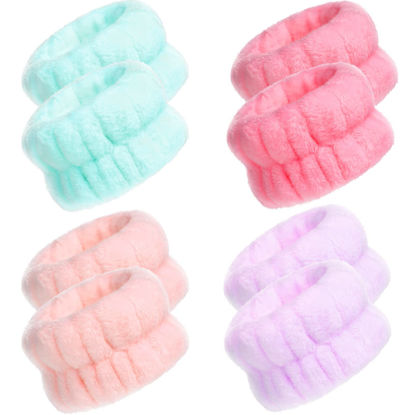 Picture of 4 Pairs Wrist Spa Washband Microfiber Washing Face Wrist Wash Towel Band Wristband Scrunchies Absorbent Wrist Sweatband for Women Prevent Liquid from Spilling (Assorted Color, Classic Style)