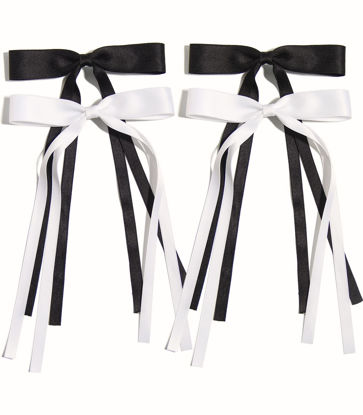 Picture of 4pcs Hair Clips for Women Tassel Ribbon Bowknot Hair Clips with Long Tail, Women Hair Clip for Girl, Solid Hair Clips Long Hair Accessories Barrettes Claw Hair Clips with Bow (Black White)