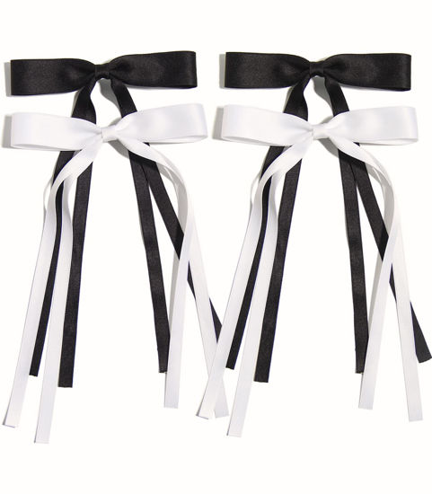 Picture of 4pcs Hair Clips for Women Tassel Ribbon Bowknot Hair Clips with Long Tail, Women Hair Clip for Girl, Solid Hair Clips Long Hair Accessories Barrettes Claw Hair Clips with Bow (Black White)