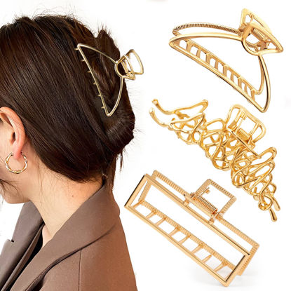 Picture of Mehayi 3 PCS Large Gold Metal Hair Claw Clips for Women Girls, Cute Alloy Big Hair Clamps Strong Hold for Thick Thin Hair, Fashion Hair Accessories Headwear Styling Tools for Party Wedding
