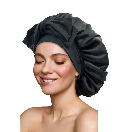 GetUSCart- Satin Bonnet Silk Bonnet Hair Bonnet for Sleeping Large Bonnets  with Tie Band Hair Wrap with Adjustable Straps Hair Cap Night Sleep Caps  for Women Curly Braid Hair Black