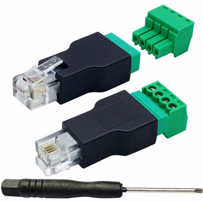 Picture of AAOTOKK RJ11 Screw Terminal RJ11 4P 4C Male to 4Pin Female Bolt Screw Type terminals Plug for Telephone,CCTV wiring Coupler (2 Pack)