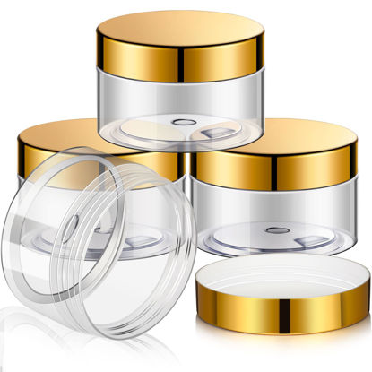 Picture of 4 Pieces Round Clear Wide-mouth Leak Proof Plastic Container Jars with Lids for Travel Storage Makeup Beauty Products Face Creams Oils Salves Ointments DIY Making or Others (Gold, 4 Ounce)