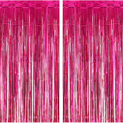 Picture of 2 Pack 3.2ft x 9.8ft Hot Pink Metallic Tinsel Foil Fringe Curtains for Birthday Bridal Shower Baby Shower Bachelorette Party Backdrop Decorations