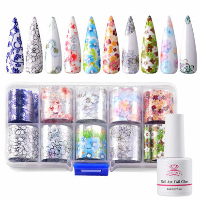 Picture of Makartt Nail Foil Glue Gel with 10PCS Flower Foil Transfer Stickers Set, Foil Nail Glues Gel Adhesive Nail Foil Decals Nail Design Kit for DIY Nail Decoration Women Girls(8ML)