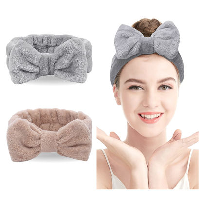 Picture of LADES Spa Headband - 2 Pack Bow Hair Band Women Facial Makeup Head Band Soft Coral Fleece Head Wraps For Shower Washing Face (Coffee+Gray)