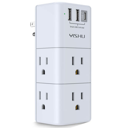 Picture of 6 AC Multi Plug Outlet Extender with Spaced Splitter- YISHU Surge Protector with Rotating Plug with 3 USB Ports, 3-Sided Swivel Power Strip for Home, Office, Travel