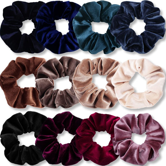 Picture of IVARYSS Scrunchies for Women, 12 Pcs Velvet Scrunchies for Hair, Dark Colors Classic Elastic Thick Scrunchy Hair Bands Ties, Soft Ropes Ponytail Holder Hair Accessories