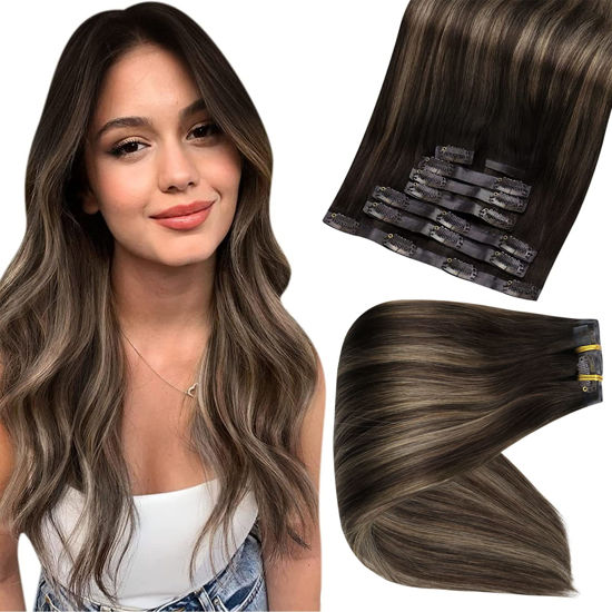 Picture of Full Shine Clip in Brown Human Hair Extensions Seamless Remy Hair Darkest Brown to 2 Brown Mix Ash Brown Skin Weft Silky Straight Real Hair Clip ins,8Pcs 120G 16Inch