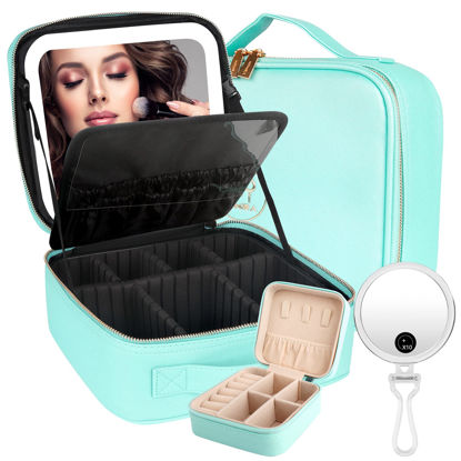 Picture of MOMIRA Makeup Bag with Mirror and Light Travel Makeup Train Case Cosmetic Bag Organizer Portable Artist Storage Bag with Adjustable Dividers Makeup Brushes Storage Organizer Aqua Blue