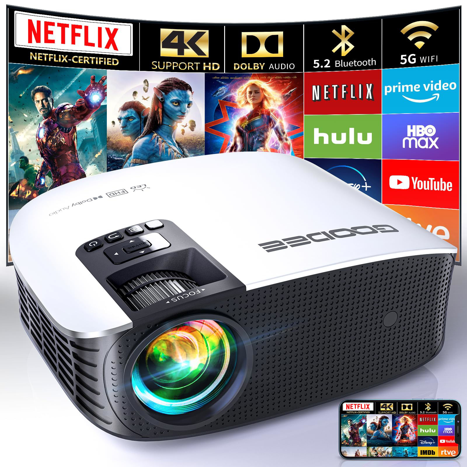 GetUSCart- GooDee Smart Projector with 5G WIFI and Bluetooth Projector ...