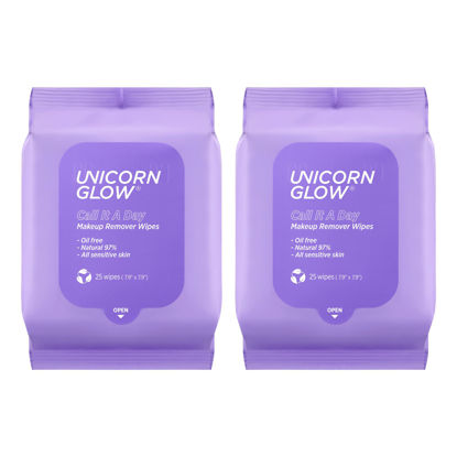 Picture of Unicorn Glow Makeup Remover Cleansing Face Wipes - 2 EA [50 count] XL Oversize Biodegradable Daily Cleansing Facial Towelettes to Remove Makeup, Micellar Water, Charcoal, Aloe Extract and Vitamin E, Alcohol Free, Paraben Free - CALL IT A DAY (2 EA)