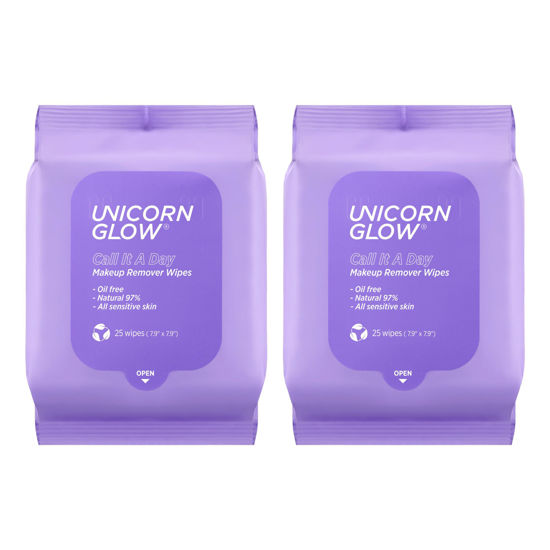 Picture of Unicorn Glow Makeup Remover Cleansing Face Wipes - 2 EA [50 count] XL Oversize Biodegradable Daily Cleansing Facial Towelettes to Remove Makeup, Micellar Water, Charcoal, Aloe Extract and Vitamin E, Alcohol Free, Paraben Free - CALL IT A DAY (2 EA)