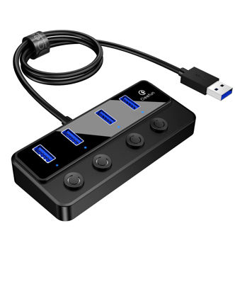 Picture of Qeefun 4-Port USB Hub 3.0, Individual LED Power Switches USB Extension 2ft USB Extender 5V/3A USB Adapter for Laptop, PC, USB Flash Drives, and More