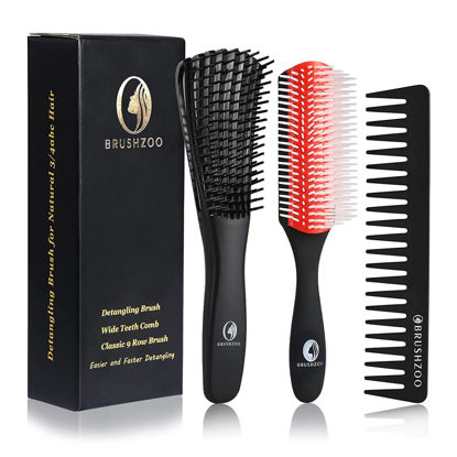 Picture of BRUSHZOO Detangling Brush for Curly Hair, Hair Brushes for Women Men or Kids Black Natural Hair, Detangler Brush for Natural 3/4abc Hair, Easier & Faster Detangling for Wet Dry Hair