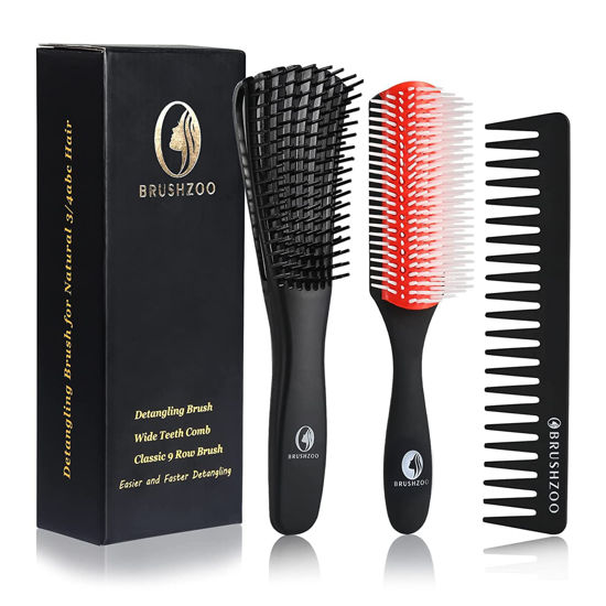 Picture of BRUSHZOO Detangling Brush for Curly Hair, Hair Brushes for Women Men or Kids Black Natural Hair, Detangler Brush for Natural 3/4abc Hair, Easier & Faster Detangling for Wet Dry Hair