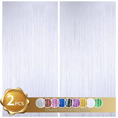 Picture of BEISHIDA 2 Pack Foil Fringe Curtain,White Tinsel Metallic Curtains Photo Backdrop Streamer Curtain for Wedding Engagement Bridal Shower Birthday Bachelorette Party Stage Decor(3.28ft x 6.56 ft)