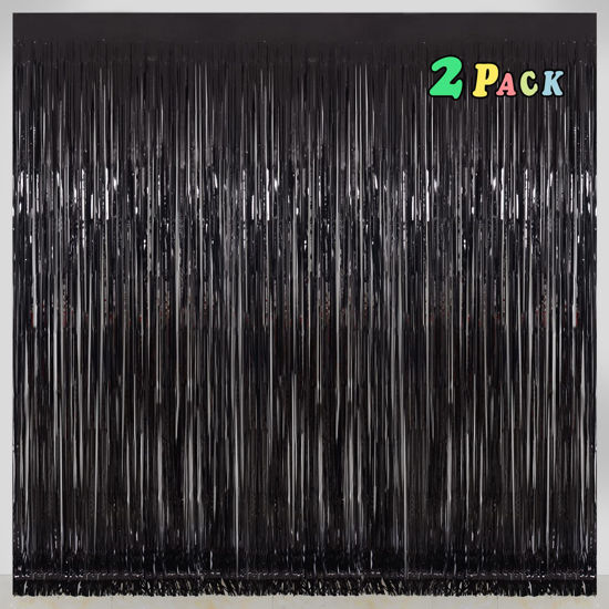 Picture of Black [Tinsel] Foil Fringe [Curtain]s, Melsan 3.2 x 8 ft Streamer Backdrop for Birthday, Graduation, Fiesta, Halloween [Party] Decor - Pack of 2
