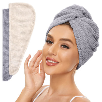 Picture of Microfiber Hair Towel for All Hair Style, 2 Pack Quick Drying Hair Turban - Perfect for Women, Men and Kids (Beige + Grey)