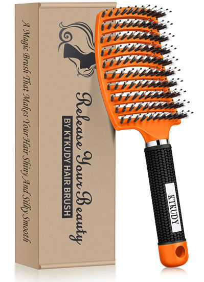 Picture of KTKUDY Detangling Brush Boar Bristles Hair Brush Make Hair Shiny & Healthier Curved and Vented Detangler Brush for Women Men Kids Wet and Dry Hair (Orange)