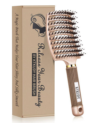 Picture of KTKUDY Detangling Brush Getting Knots Out without Pain - Boar Bristles Hair Brush Make Hair Shiny & Healthier Vented Detangler Brush for Women Men Kids Wet and Dry Hair (Gold)