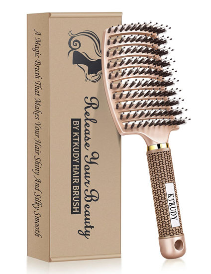 Picture of KTKUDY Detangling Brush Getting Knots Out without Pain - Boar Bristles Hair Brush Make Hair Shiny & Healthier Vented Detangler Brush for Women Men Kids Wet and Dry Hair (Gold)