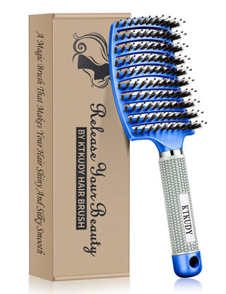 Picture of KTKUDY Detangling Brush Boar Bristles Hair Brush Make Hair Shiny & Healthier Curved and Vented Detangler Brush for Women Men Kids Wet and Dry Hair (Blue)